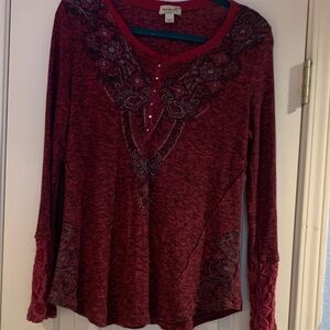 ONE WORLD Red Long Sleeve Top with Embroidery